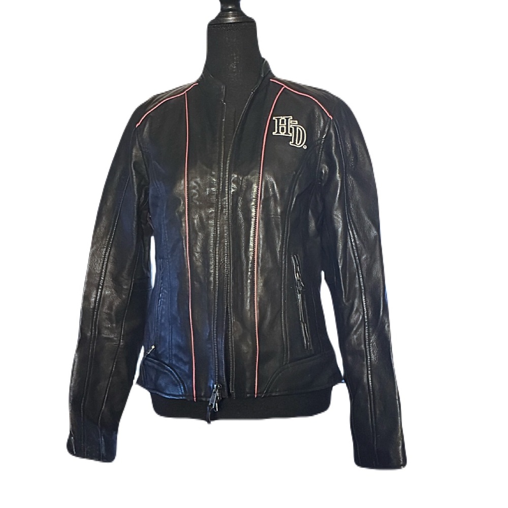 Harley-Davidson Black Leather Jacket with Orange and White Embroidery